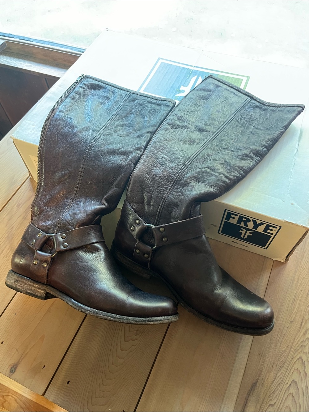 Frye Phillip Harness Tall Boots Dark Brown Extended Calf W9